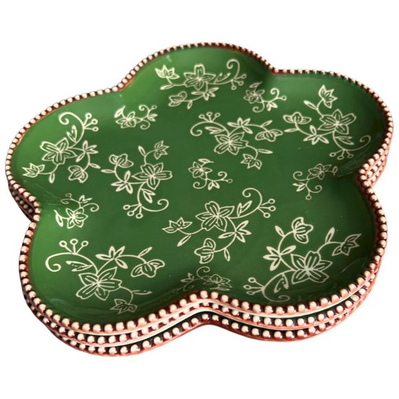 NWT & Rare! 3 TEMPTATIONS by Tara Floral Lace Green Plates Beaded Edge Stoneware - Picture 1 of 15